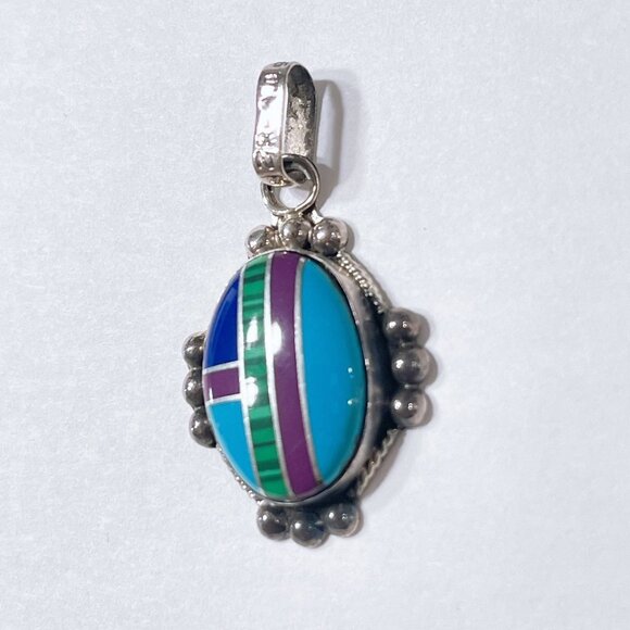 Sterling Silver Multi Gemstone Navajo Pendant With Inlay Design - Picture 2 of 5